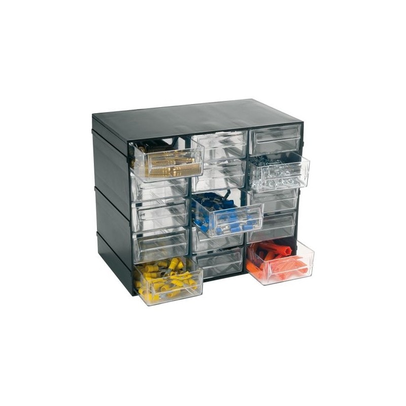 Aufbewahrungseinheit aus Kunststoff L 228 x B 140 x H 190 mm mit 15 transparenten Schubladen