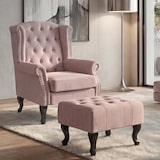thumbnail of Chesterfield fauteuil, relax club fauteuil wing chair, waterafstotende stof/textiel ~ lichtroze met poef