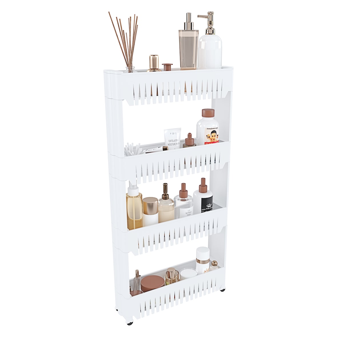 Carrello Da Cucina Salvaspazio Carrellino Portaoggetti Con Rotelle Ruote 4 Ripiani Dispensa Bagno Fino a 2.5 Kg Per Ripiano 103 x 12,5 x 54 cm Bianco