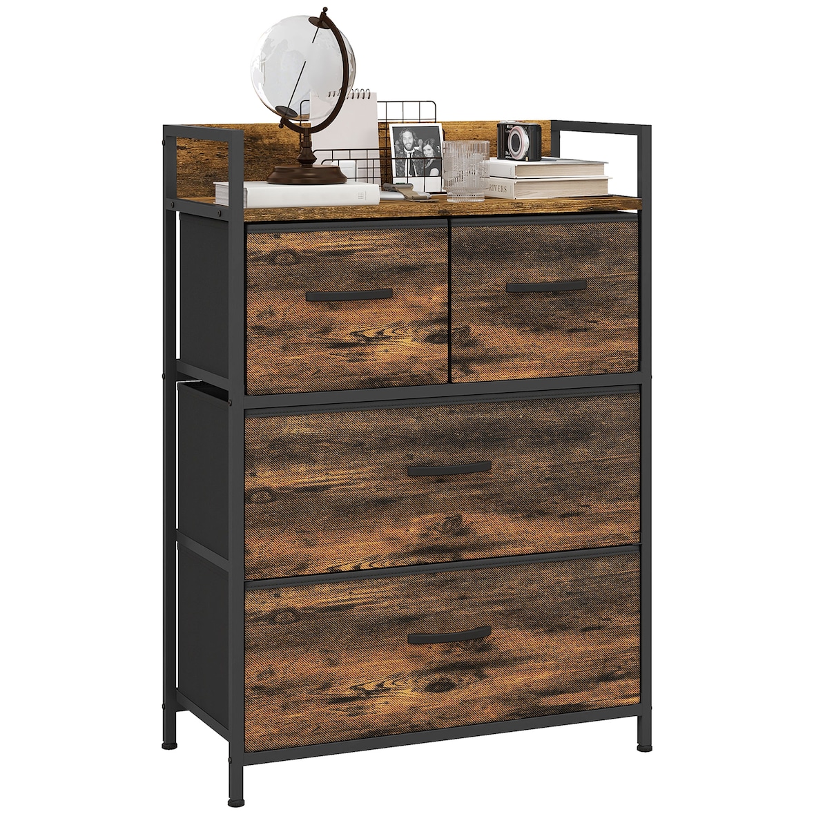 Mueble organizador cajonera de tela con 4 cajones plegables y marco de acero estilo industrial para salón recibidor 60x29x85 cm marrón rústico