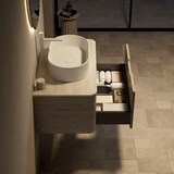 thumbnail of Badezimmer-Waschtisch 50×80×46 cm mit ovalem Waschbecken aus Keramik und Travertin-Sintersteinplatte, Eiche Beige+Off White+Weiß