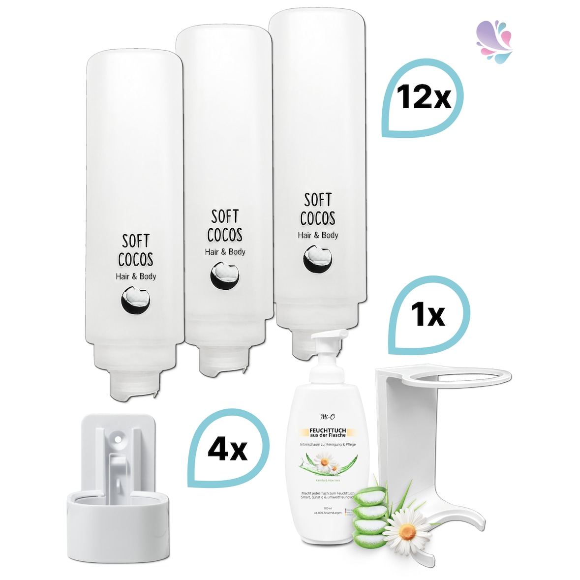 KOMPLETT-SET Duscherlebnis 12x425ml verschied. Düfte, 1x300ml Intim Reinigungsschaum+ 5x Wandhalterung : Duftnote -  Soft Cocos: Kokosnuss, Farbe - W