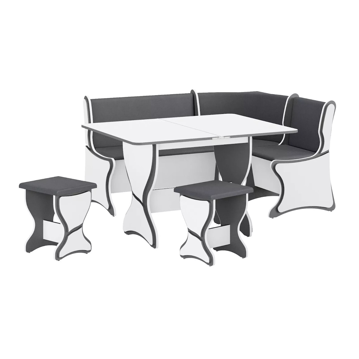 Eckbankgruppe „Argentina“ 4 Tlg. Set Sitzbank Eck-Truhenbank gepolstert + Esstisch klappbar + 2xHocker grau weiß