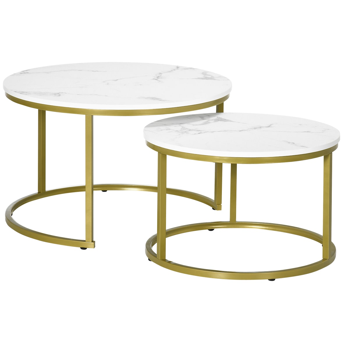2 Couchtische Stahl Weiß/Gold rund, Satztisch-Set in Marmoroptik, ineinander stellbar, Ø74x46,3 cm und Ø59x38,5 cm