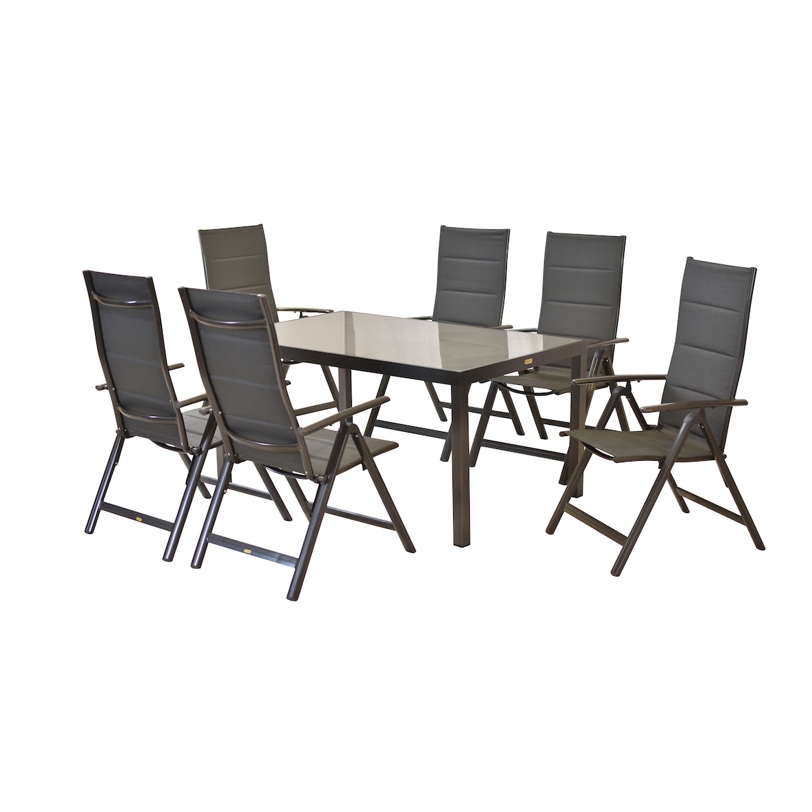 Merxx Taviano Set 7tlg., 6 Klappsessel, 1 Tisch 150 x 90 cm, Aluminium/Textil/Glas, Graphit/Grau