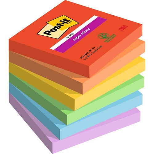 POST-IT® Notes Super Sticky Playful 76x76 mm. 6 blocs, 90F. Ass : rouge/orange/jaune/vert/bleu/violet.