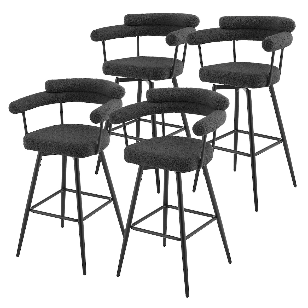 ML-Design Barhocker drehbar 4er Set Dunkegrau, Teddy-Stoff, Gepolsterte Barstühle, Küchenstühle mit Arm- & Rückenlehne, 360° Drehstuhl Tresenhocker