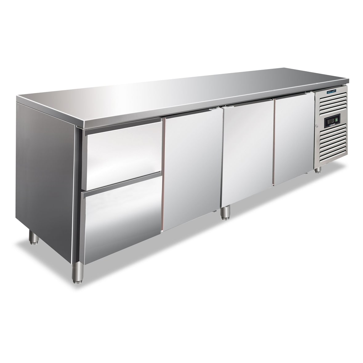 Tavolo refrigerato inox 2 cassetti da 1/2 + 3 porte. Classe C. Sbrinamento automatico. Temperatura -2°C/+8°C. Misure LxPxH 223x70x86 cm. CXF4110TN