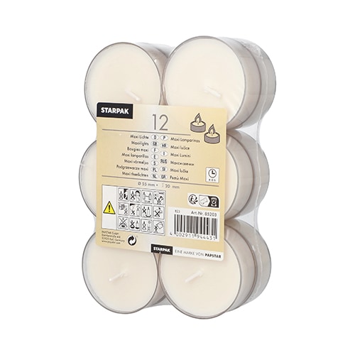 12 Maxi Lichte Ø 57,5 mm · 26 mm weiss · Brenndauer ca. 8 h, in Polycarbonathülle