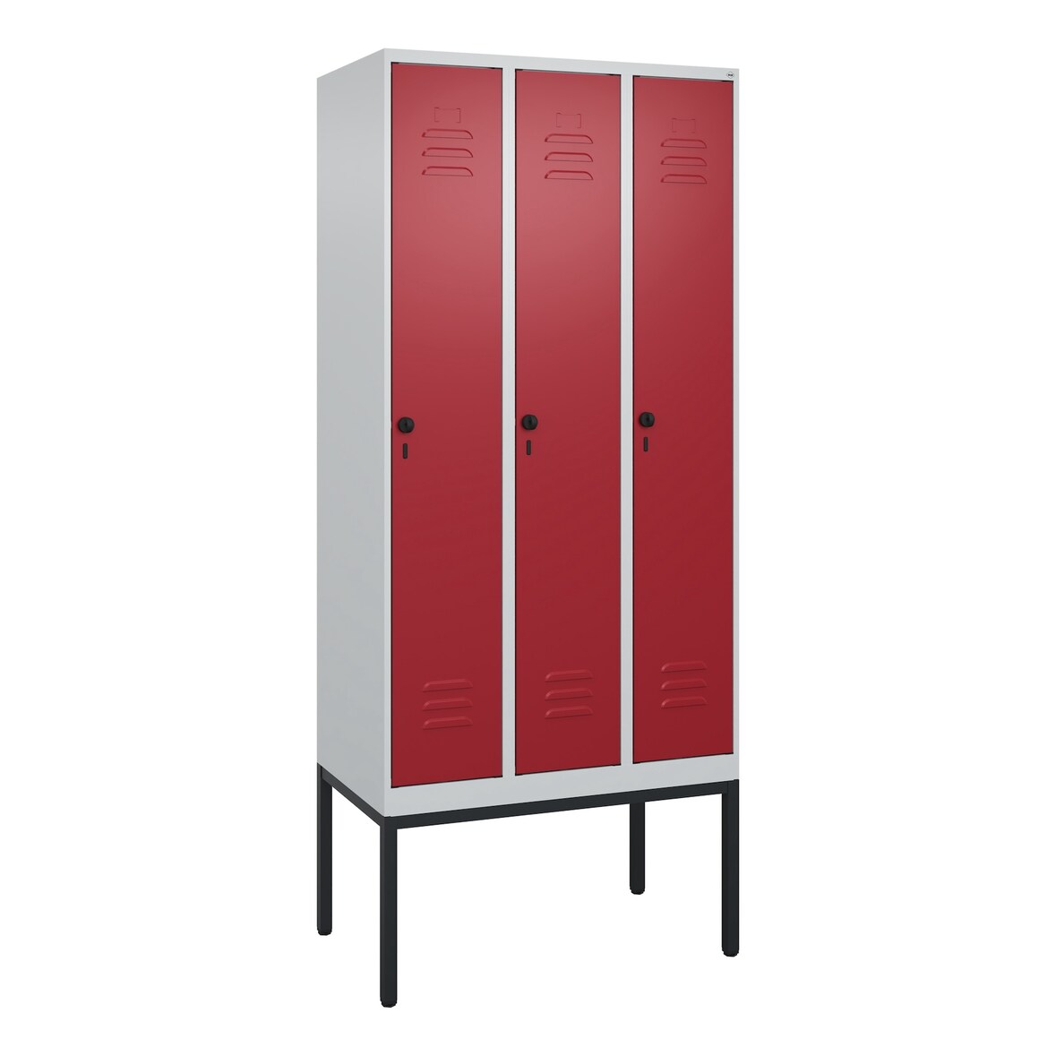 C+P Spind Classic PLUS, Gestell, 3 Abteile, HxBxT 212x90x50cm, Sicherheitsdrehriegel, Hellgrau/Rubinrot von PROREGAL