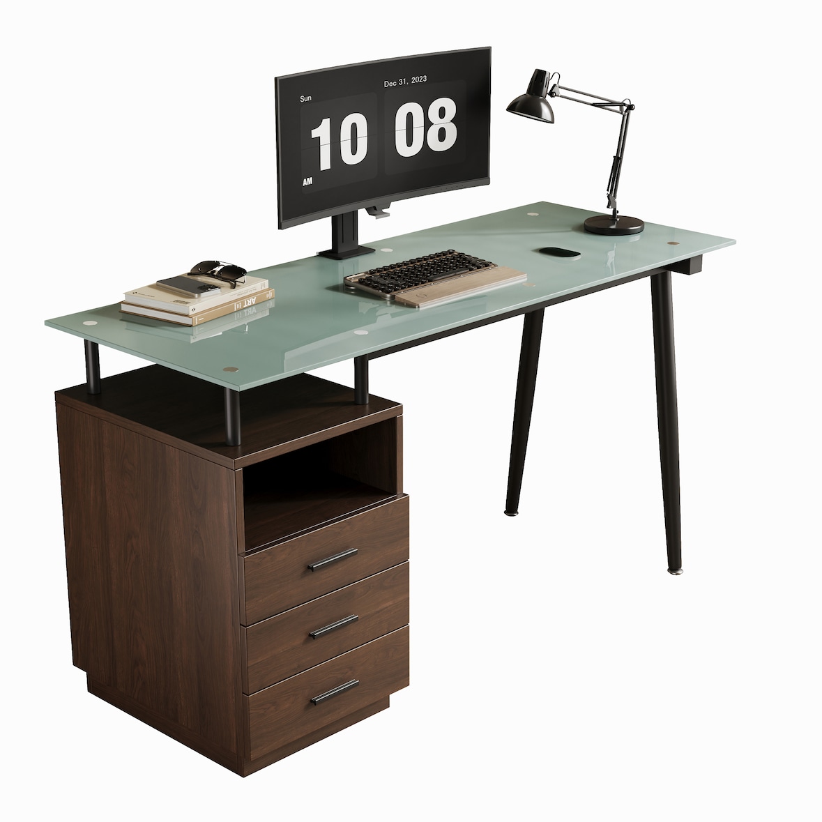 Merax Schreibtisch 130×50×75 cm, Bürotisch mit gehärteter Glasplatte, 3 Schubladen & offenem Ablagefach, Metallgestell, modern, Braun