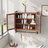 thumbnail of Hängeschrank mit Glastüren 63x60x18  Braun mit Fluted Glas und Handtuchhalter, 3 Ebenen, Vintage Design, Massivholz+MDF