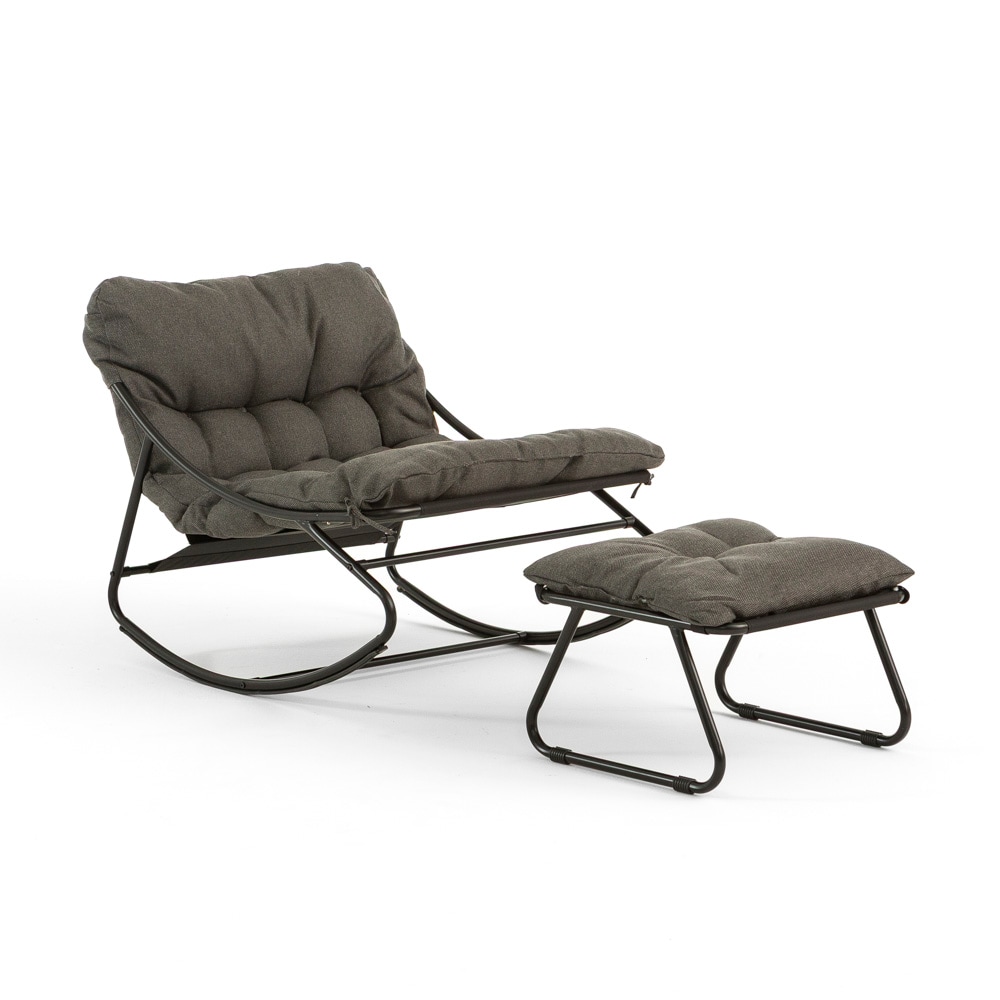 Schommelstoel met voetensteun van staal en stof met gevoerde kussens, modern design, overdekte tuinen, terras, woonkamer – Adelaide/Grijs
