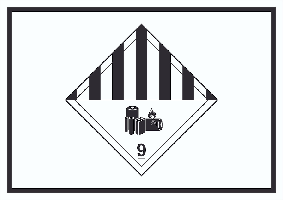 Schild Achtung Lithiumbatterien Symbol Gefahrgutklasse 9a A3 Rückseite selbstklebend