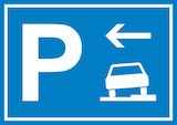 thumbnail of Gehweg Parkplatz mit Richtungspfeil links Schild waagerecht A6 Rückseite selbstklebend