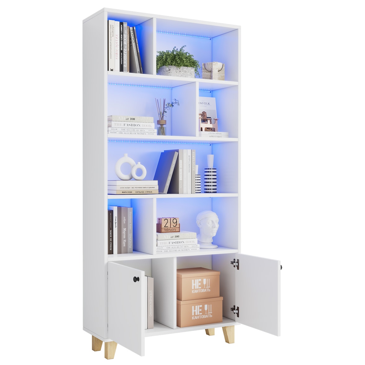 Bücherregal 80x30x173 cm mit LED-Beleuchtung Doppeltüren 7 Fächer Massivholzbeine MDF Weiß modernes Stauraumregal für Wohnbereich