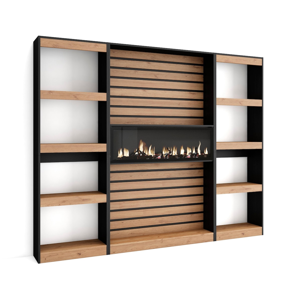 Librería estantería, 230x25x186cm, Salón - Comedor - Oficina, Chimenea eléctrica, Roble y negro _ 86_6