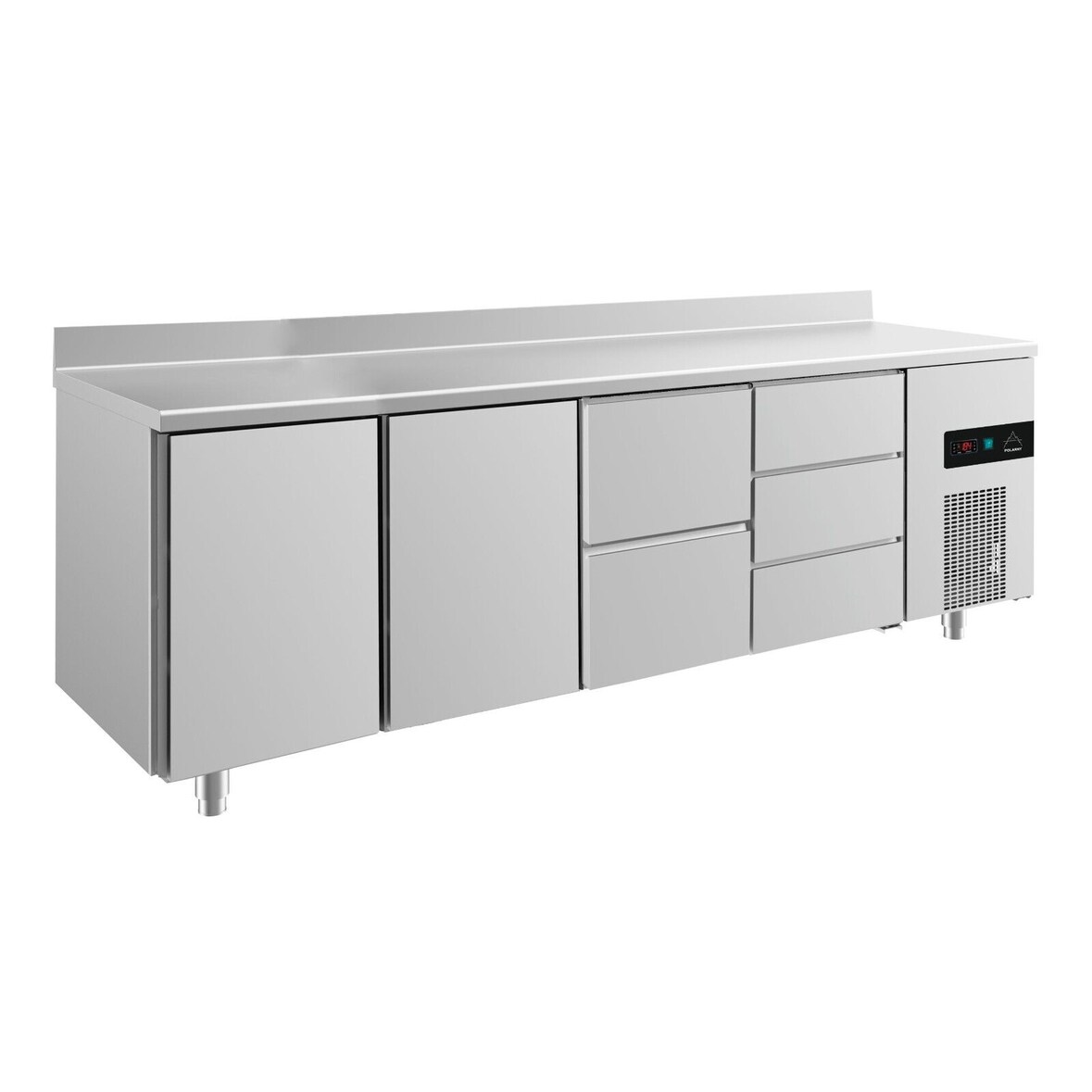 Gastro Kühltisch 2 Türen links&mittig 2/3 Schubladen mittig&rechts Umluftkühlung Aufkantung, 2330x700x850mm -2/+8°C 632l