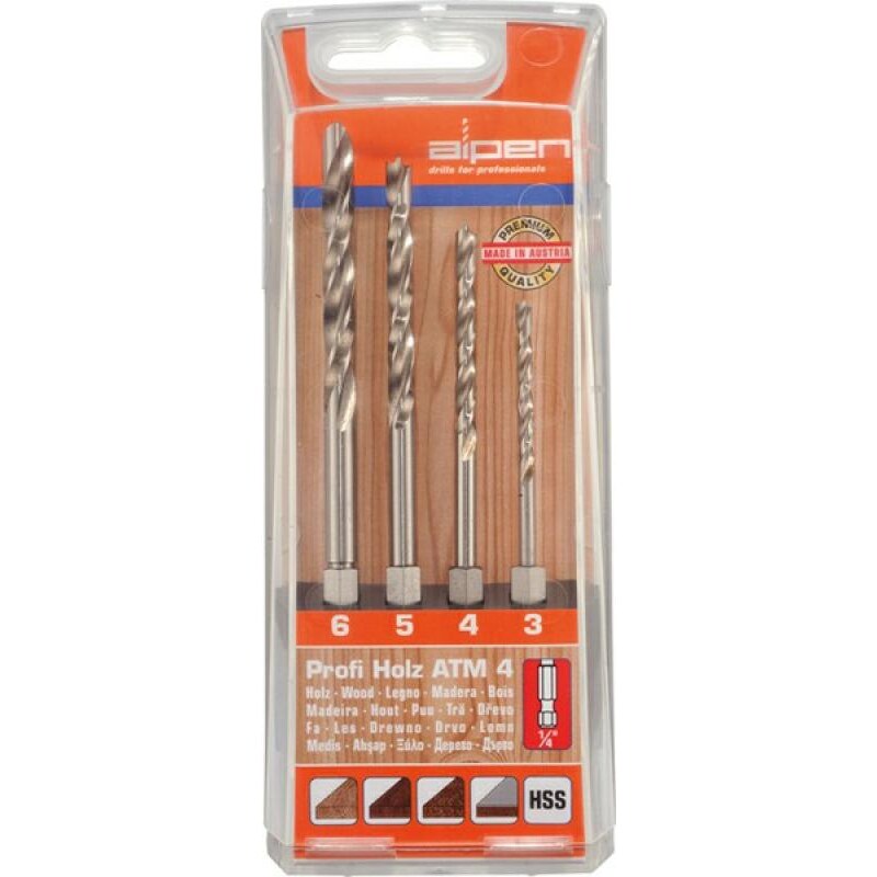 Holzbohrersatz 3, 4, 5, 6mm mit Bitschaft , HSS-G für Hartholz