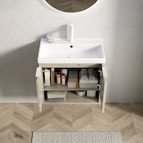 thumbnail of Waschtisch 55x32x53 Wandmontage Badezimmer Keramikbecken Multiplex Schrank Soft-Close Türen Offenes Regal Modern Weiß+Eiche