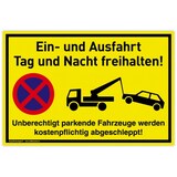 thumbnail of Schild Ein- und Ausfahrt | PVC 30 x 20 cm | Tag und Nacht freihalten Unberechtigt parkende Fahrzeuge werden kostenpflichtig abgeschleppt | gelb | PVC-