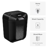 thumbnail of Destructora trituradora de papel Fellowes LX50, uso personal, destruye hasta 9 hojas en partículas de 4x37mm, Din P-4, papelera 17 litros/217 hojas