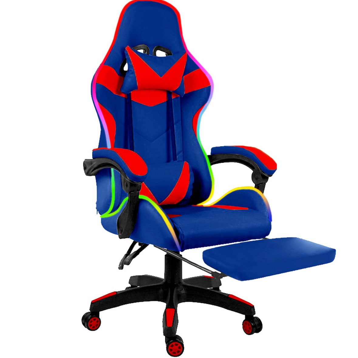 Sedia Con LED RGB Telecomando Poltrona Ufficio Scrivania Casa PC Racing Girevole Ergonomica Ecopelle Cuscino Lombare Poggiapiedi Blu e Rosso