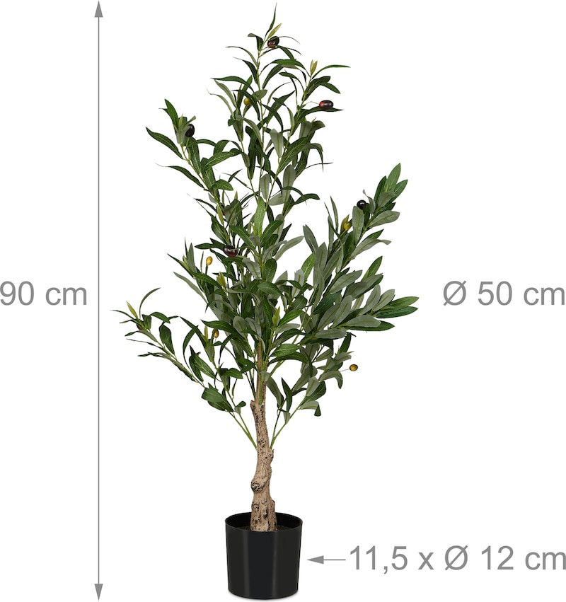 Ein künstlicher Olivenbaum in einem Topf.
