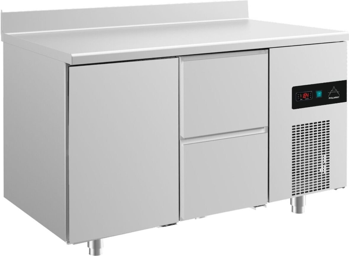 Gastro Kühltisch Umluftkühlung 1 Tür links 2 Schubladen rechts Aufkantung, 1400x700x850mm -2/+8°C  281l