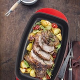 thumbnail of Relaxdays Bräter mit Deckel, antihaftbeschichtet, Auflaufform, Aluminiumguss & Glas, spülmaschinenfest, Gänsebräter, rot