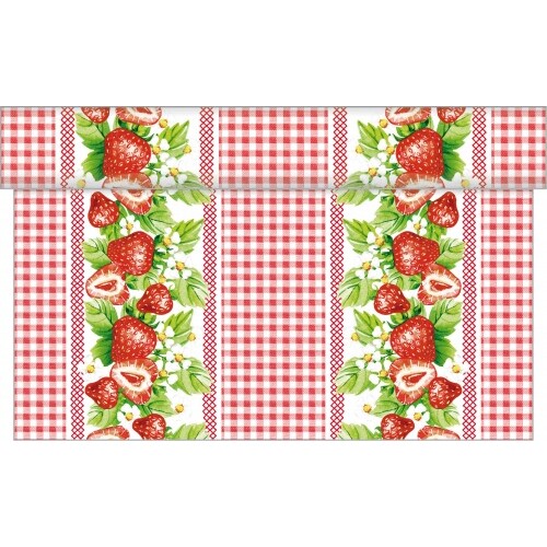 Sovie HOME Tischläufer Erdbeeren in Rot-Weiß aus Linclass® Airlaid 40 cm x 4,80 m, 1 Stück - Erdbeeren Frühling Sommer Karo Muster