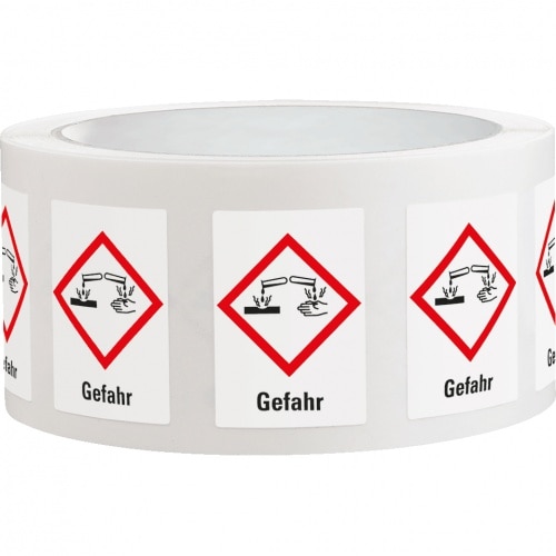 Dreifke® Aufkleber I Gefahrensymbol Ätzwirkung GHS 05, Gefahr, Folie, 37x52mm, 500/Rolle, GHS-Verordnung