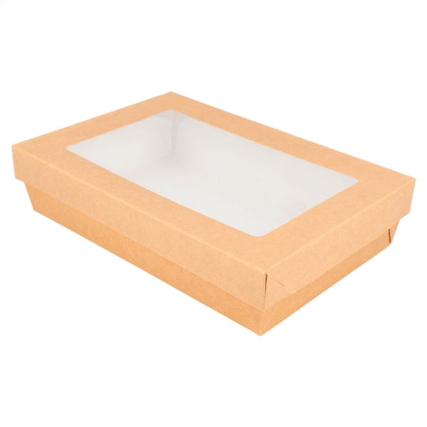 Caixa Cartolina Kraft c/Tampa + Janela 21cmx14cmx5cm Pack 50 unidades – Pastelaria / Take Away / Presente
