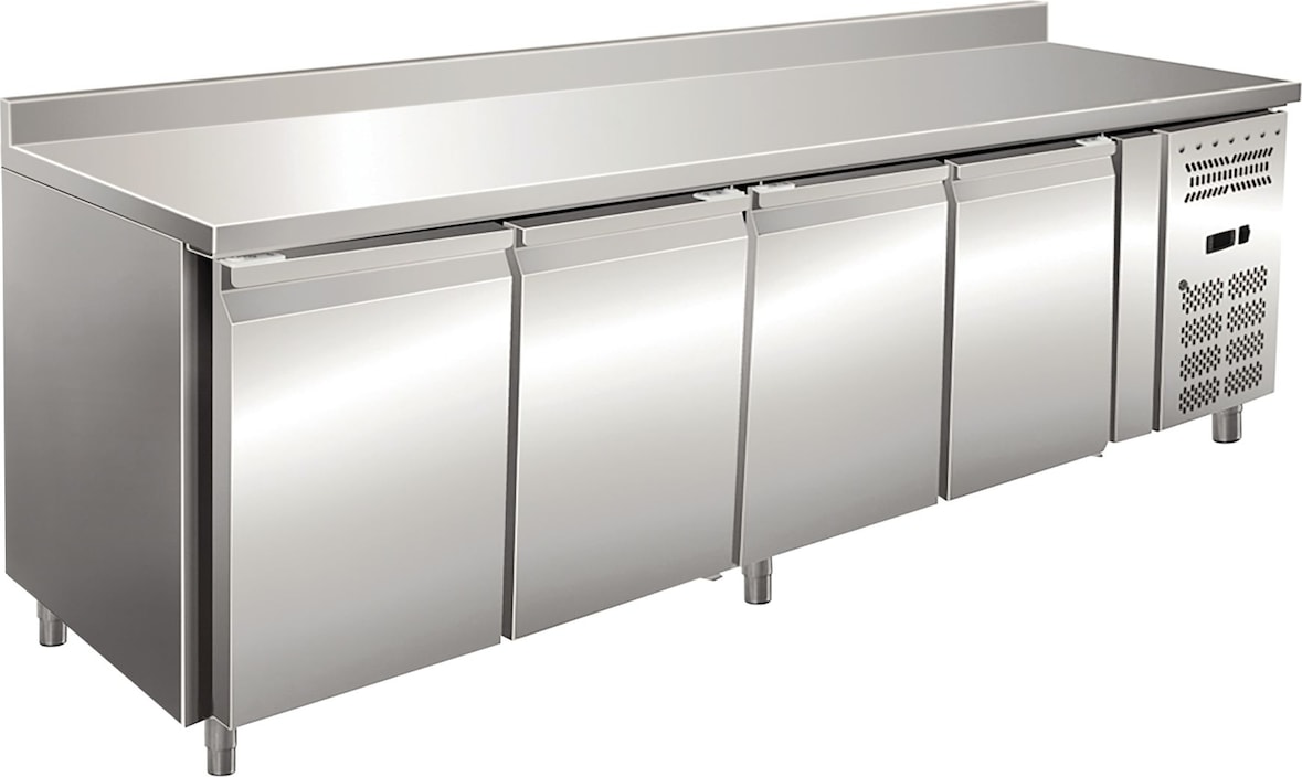 KLIMAITALIA Edelst.-Kühltisch 4 Türen & Spritzschutz. Thermo digital. T° -2°C/+8 °C. Dim. (LxWxH) 223x60x96 cm. Mod. SNACK4200TN