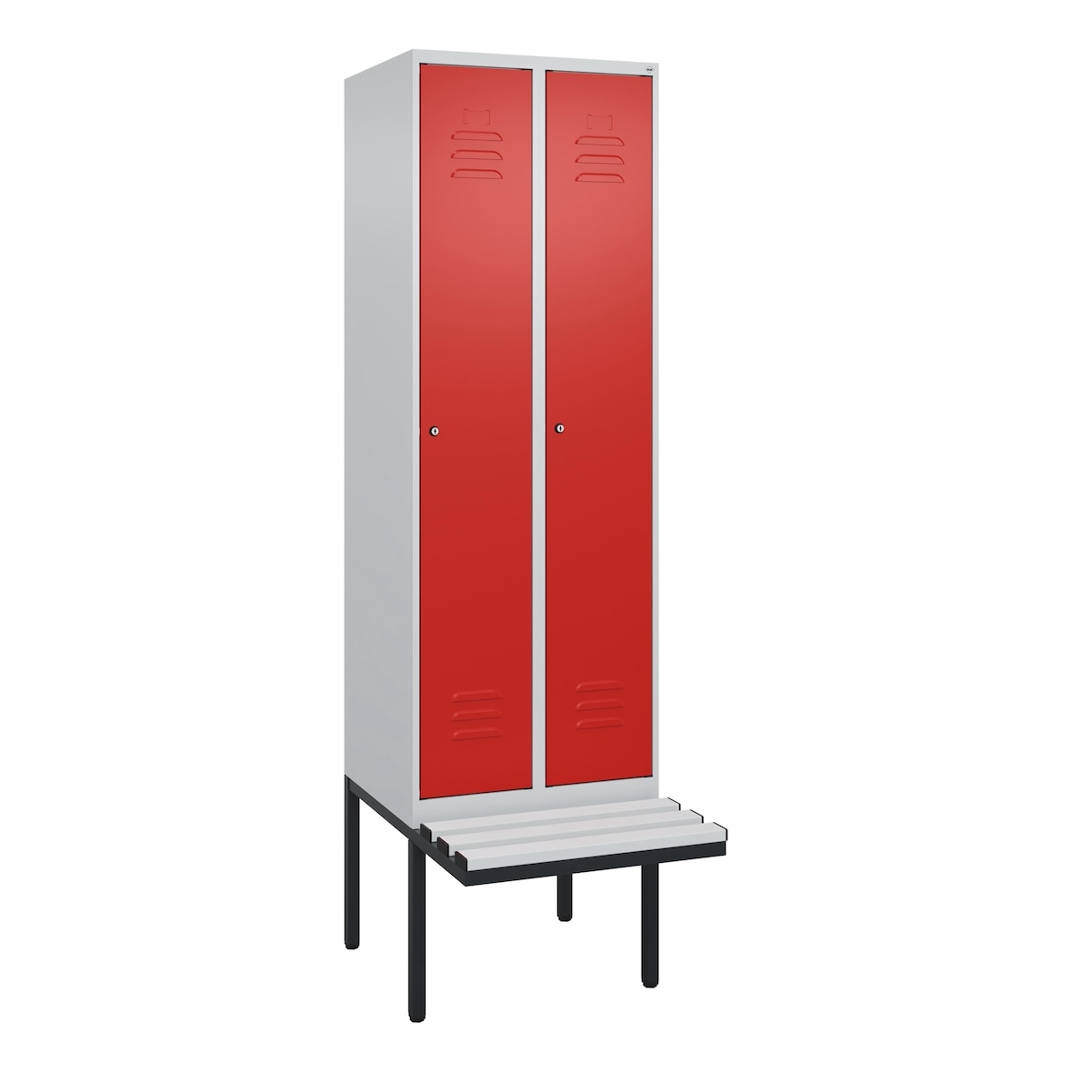 C+P Spind Classic PLUS, Kunststoff schwebende Sitzbank, 2 Abteile, HxBxT 212x60x82cm, Zylinderschloss, Hellgrau/Rot von PROREGAL