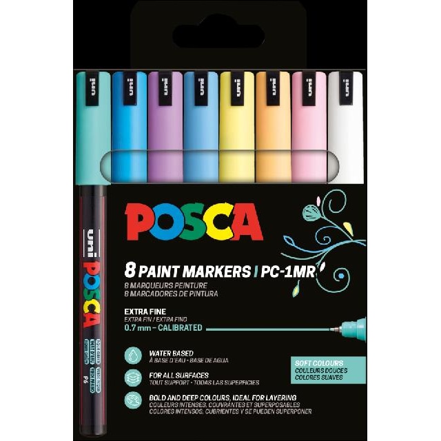 POSCA - Mitsubishi Pencil - Pochette 8 Marqueurs PC1-MR - Pointe Extra Fine Calibrée 0,7 mm - Peinture à Base d'Eau - Tout Support - Couleurs Douces