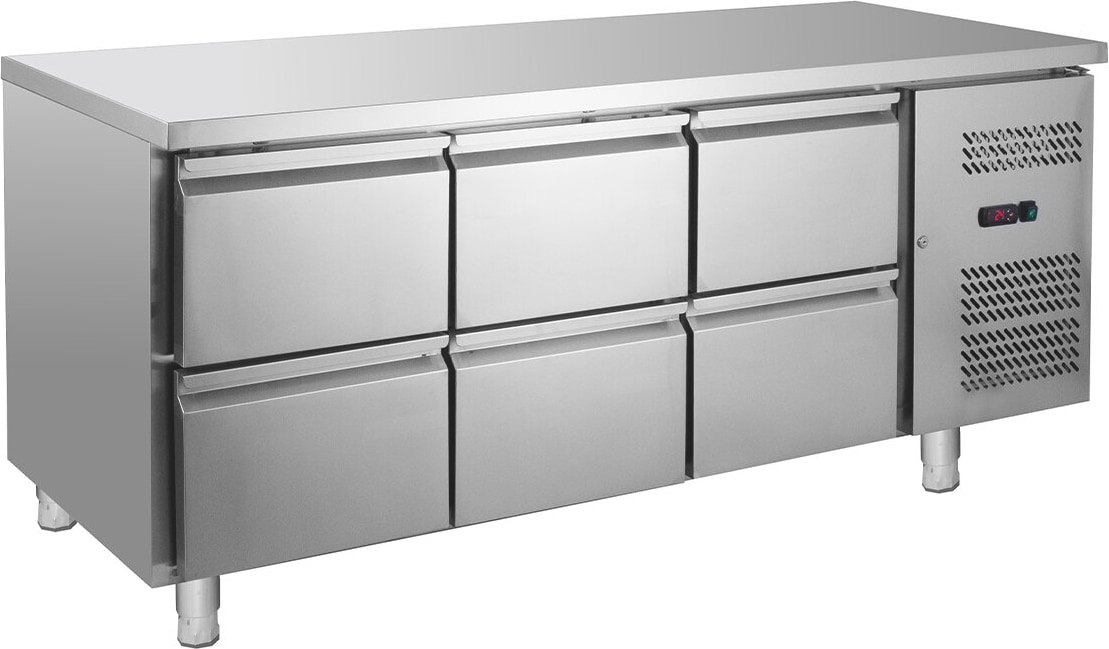 GastroHero Kühltisch Edelstahl GN 1/1 6 Schubladen Umluftkühlung -2 °C bis +8 °C 230 V Profi Gastronomie 1800x700x850 mm 417 L