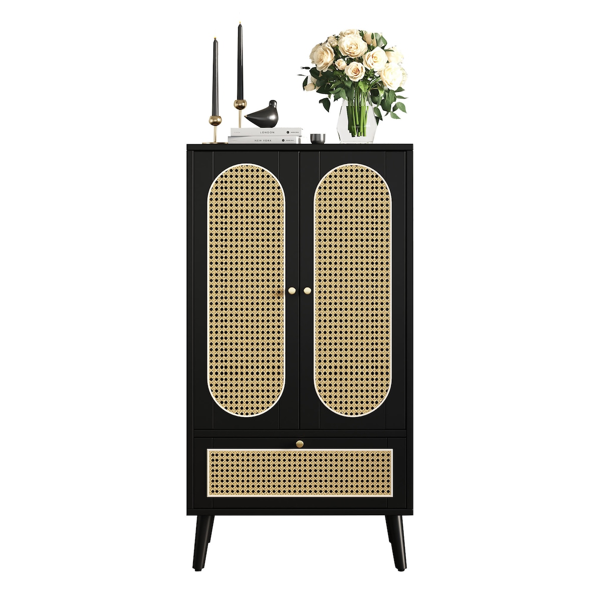 Merax Kompaktes Sideboard, Rattan-Design, Schwarz, Highboard, Esszimmerschrank, Bücherregal