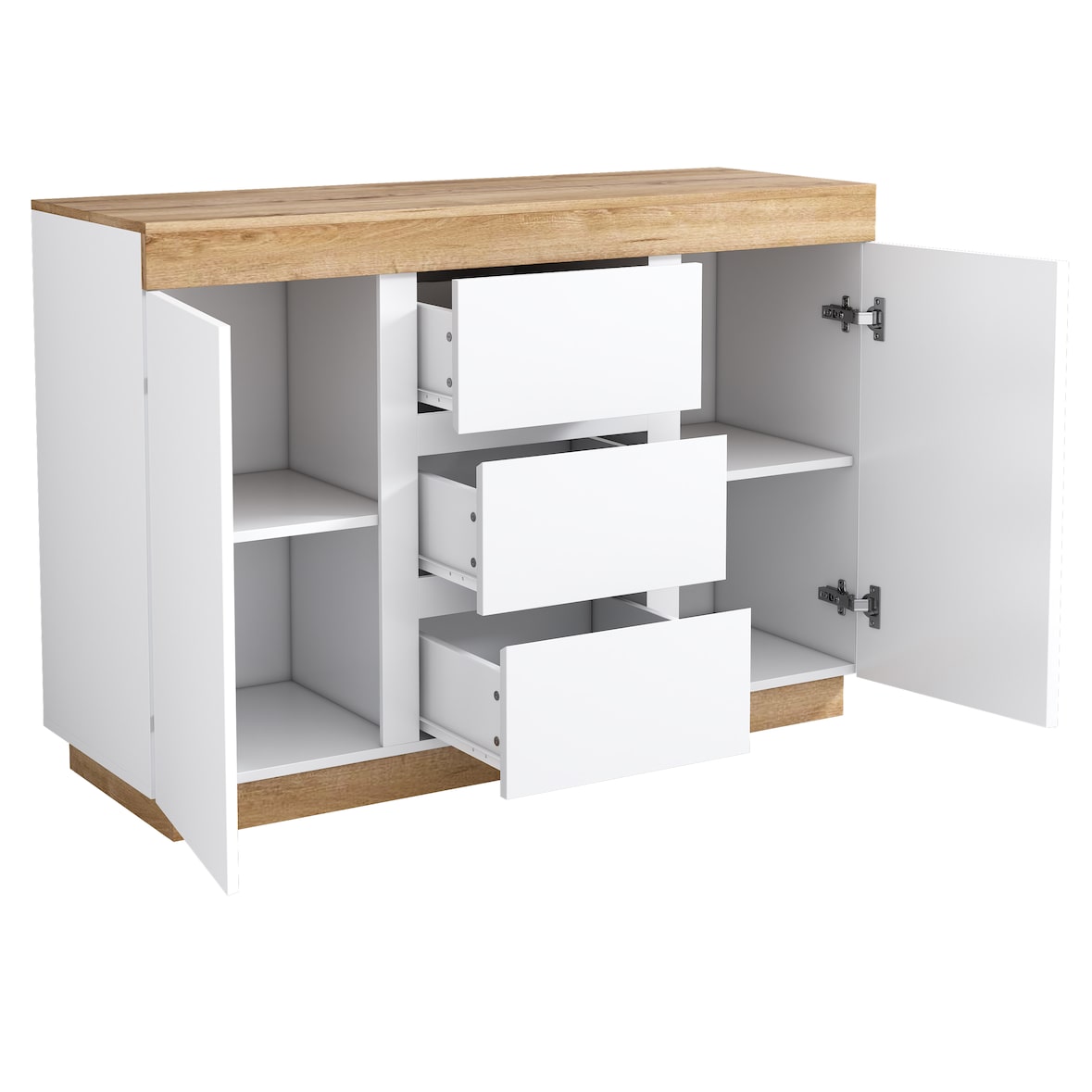 Kommode 120x40x82 mit 3 Schubladen & 2 Türen, Sideboard Schrank Stauraum, E1 Spanplatte Möbel für Schlafzimmer Wohnzimmer, Weiß Eiche