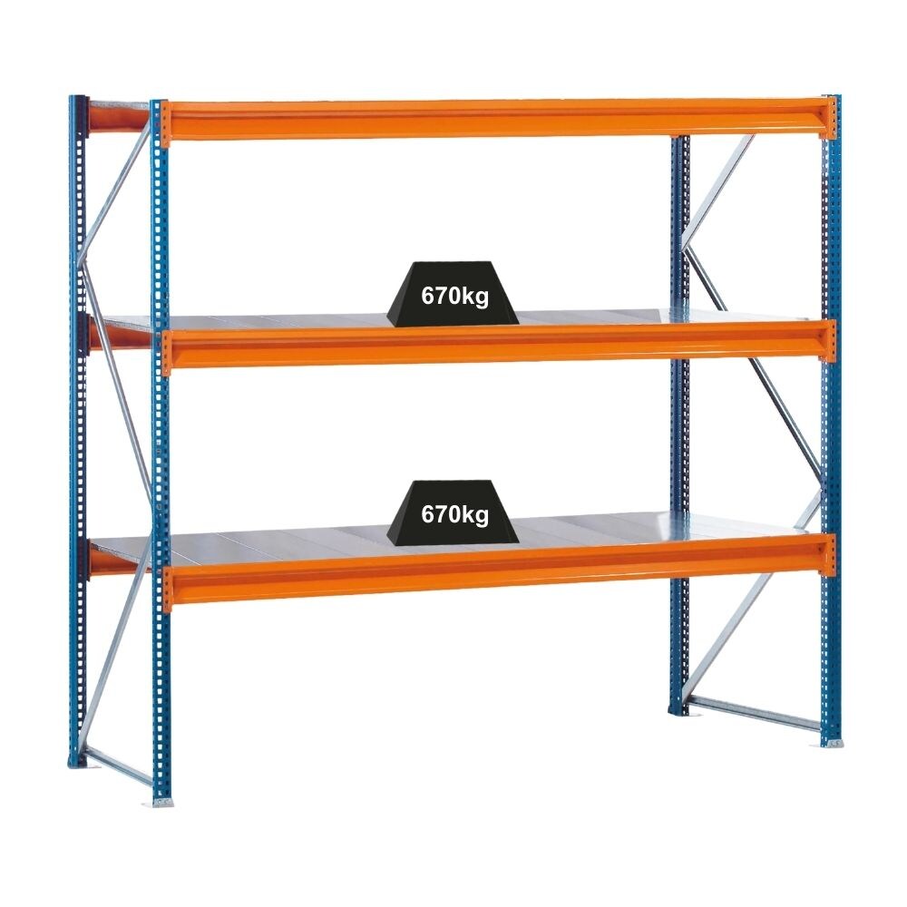 PROREGAL Weitspannregal mit Stahlpaneelen W 100 | Grundregal | HxBxT 200x178,5x60cm | 3 Ebenen | Fachlast 670 kg | Blau/Orange/Verzinkt