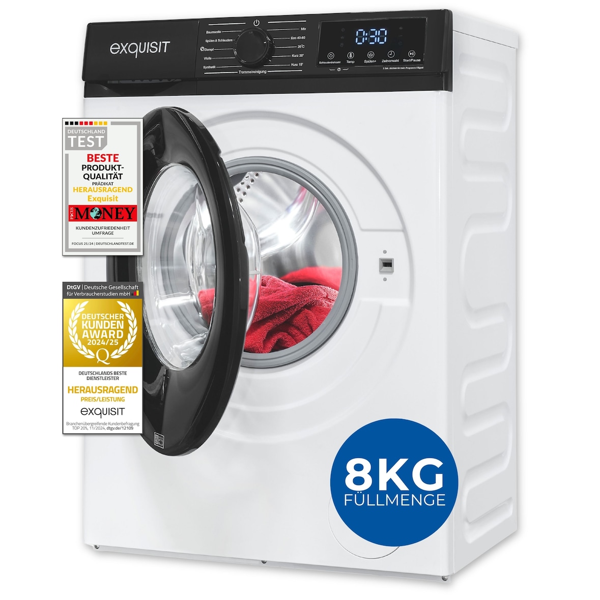 Exquisit Waschmaschine 8kg, Startzeitvorwahl, 47 cm tief, Energieklasse A, Slim-Design, 11 Waschprogramme, 1400 U/min, WA8014-370A weiss