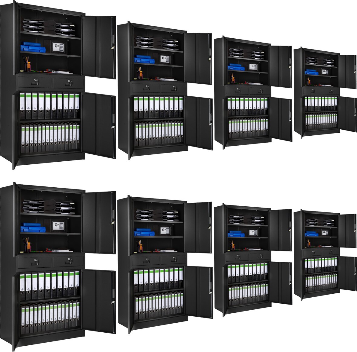 tectake 8 armarios archivadores con cierre de seguridad, 5 alturas + 2 cajones 180x90x40cm  Negro