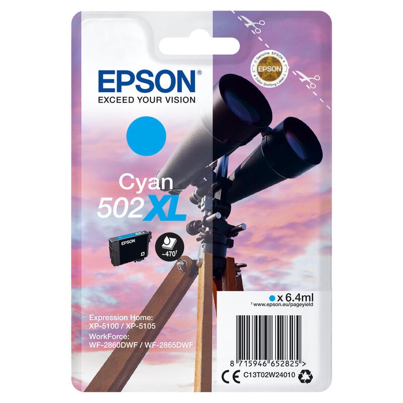 Epson Verrekijker Singlepack Cyaan Xl Supl 502Xl Inkt 6,4 Ml Voor Expression Home Xp-5100, Workforce Wf-2860