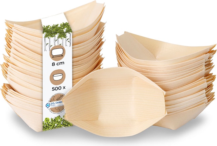 BIOZOYG 500 Stück Snackschalen Einwegschalen Holzschiffchen 80mm, biologisch abbaubar, für Fingerfood, Schalen aus nachhaltiger Forstwirtschaft