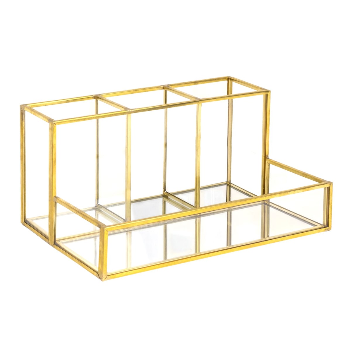 Intirilife Make Up Organizer aus Glas für Kosmetik mit Gold Rand und Spiegelboden -  20.1 x 14.2 x 10.3 cm Schmink Aufbewahrungsbox Ablage für Pinsel