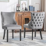 thumbnail of Esszimmerstuhl Samt Grau 91x50x52 cm mit Knopfsteppung und Griffring, Massivholzbeine, gepolsterter Sitz und Rücken, belastbar bis 150 kg