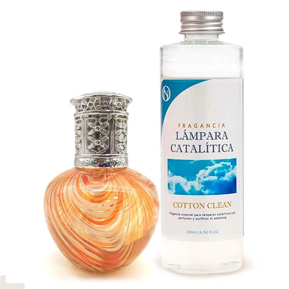 Pack Economie Lampe Catalytique Orange Waves + Parfum Aroma Cotton Clean 500ml. Elimine les mauvaises odeurs et les impuretés, parfume et nettoie.