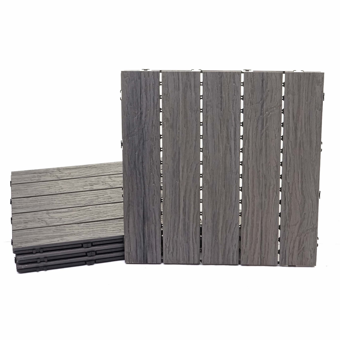 Pavimento in WPC HWC-E19, balcone/terrazzo effetto legno, struttura 3D lineare ~ marrone antico, 4x 50x50cm = 1mq