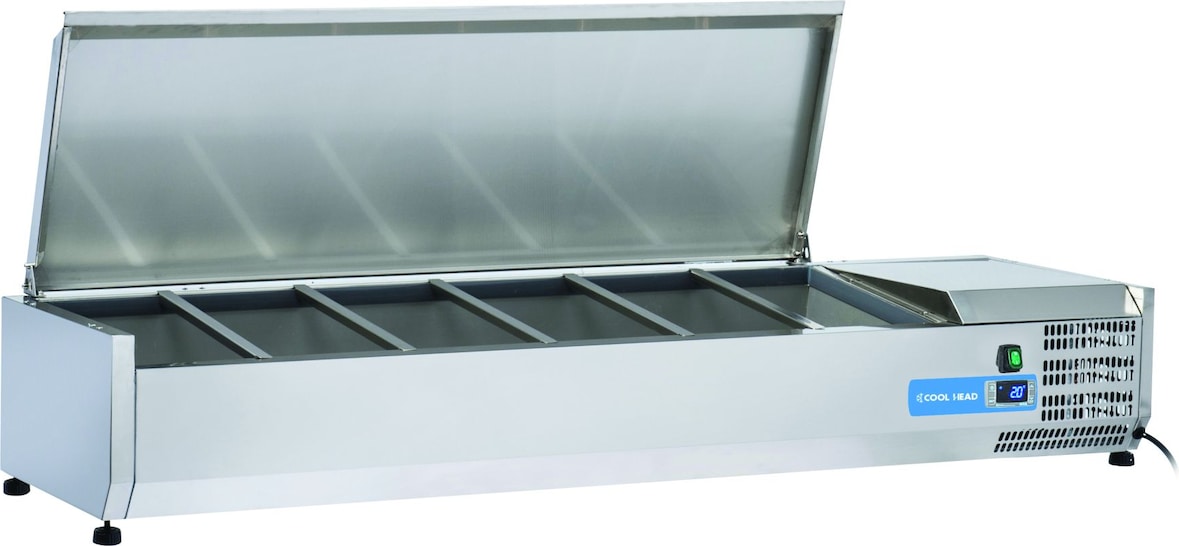 Edelstahl-Kühlvitrine für 5 GN1/3 + 1 GN1/2 Tabletts. Abmessungen 150x39.5x28.1h cm. Temperatur +2°C/+8°C. Kühlkopf VRX 15/38S/S