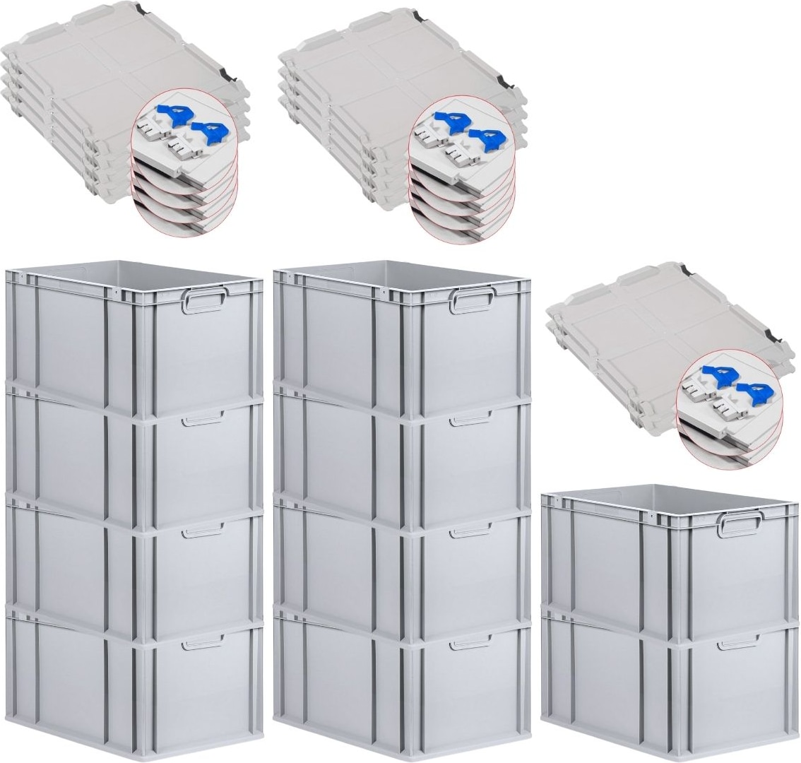 PROREGAL 10x Eurobox NextGen Grip mit Scharnierdeckel & blauen Verschlüssen | HxBxT 32x40x60cm | 65 Liter | Griffe geschlossen | Verstärkter Boden